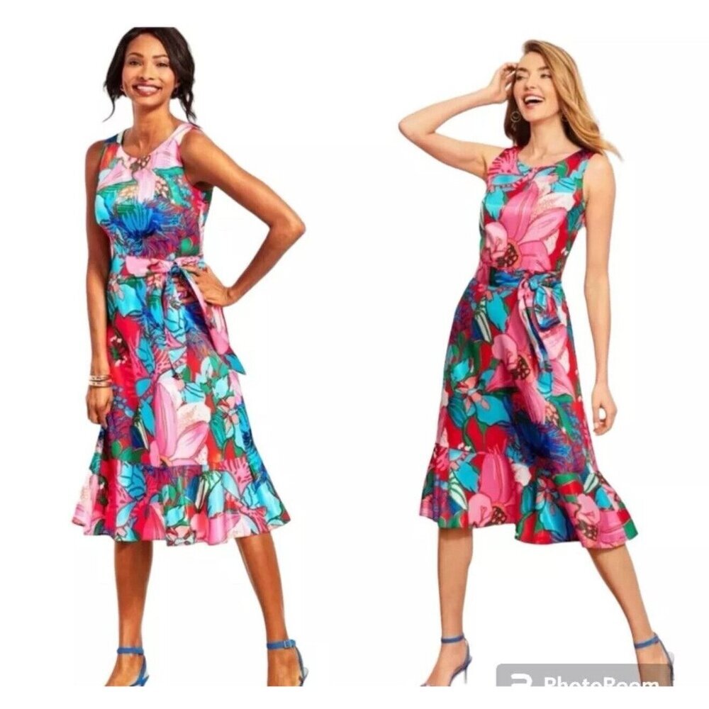 RSVP By Talbots Womens Dress Size 2 Tropical Floral Fit & Flare Ruffle Hem Lined - Picture 2 of 11